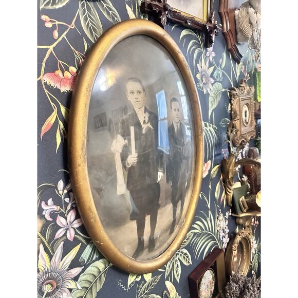 Antique Convex Bubble Glass Oval Picture Frame Two Boys Communion Gold Wood - Picture 3 of 6